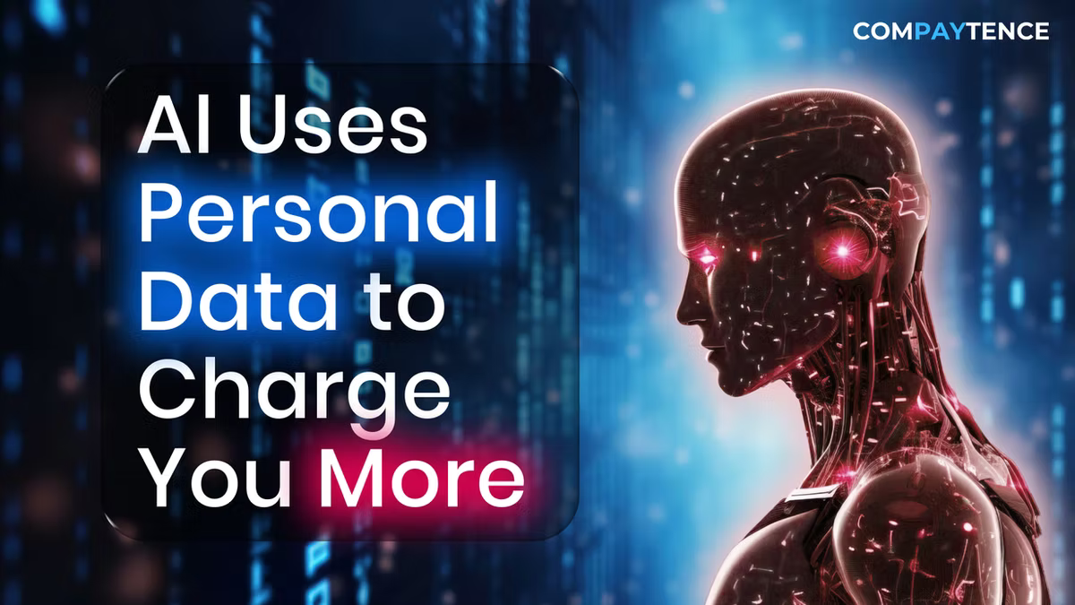 Compaytence hero card headlined "AI Uses Personal Data to Charge You More", beside a translucent red anatomical figure wired with glowing circuitry against blue data streams.