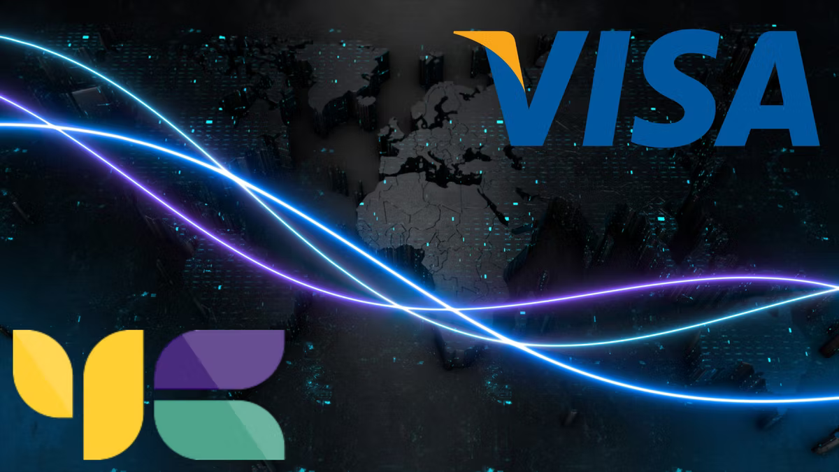 The Visa logo and the Yellow Card logo either side of glowing light trails arcing across a dark world map.