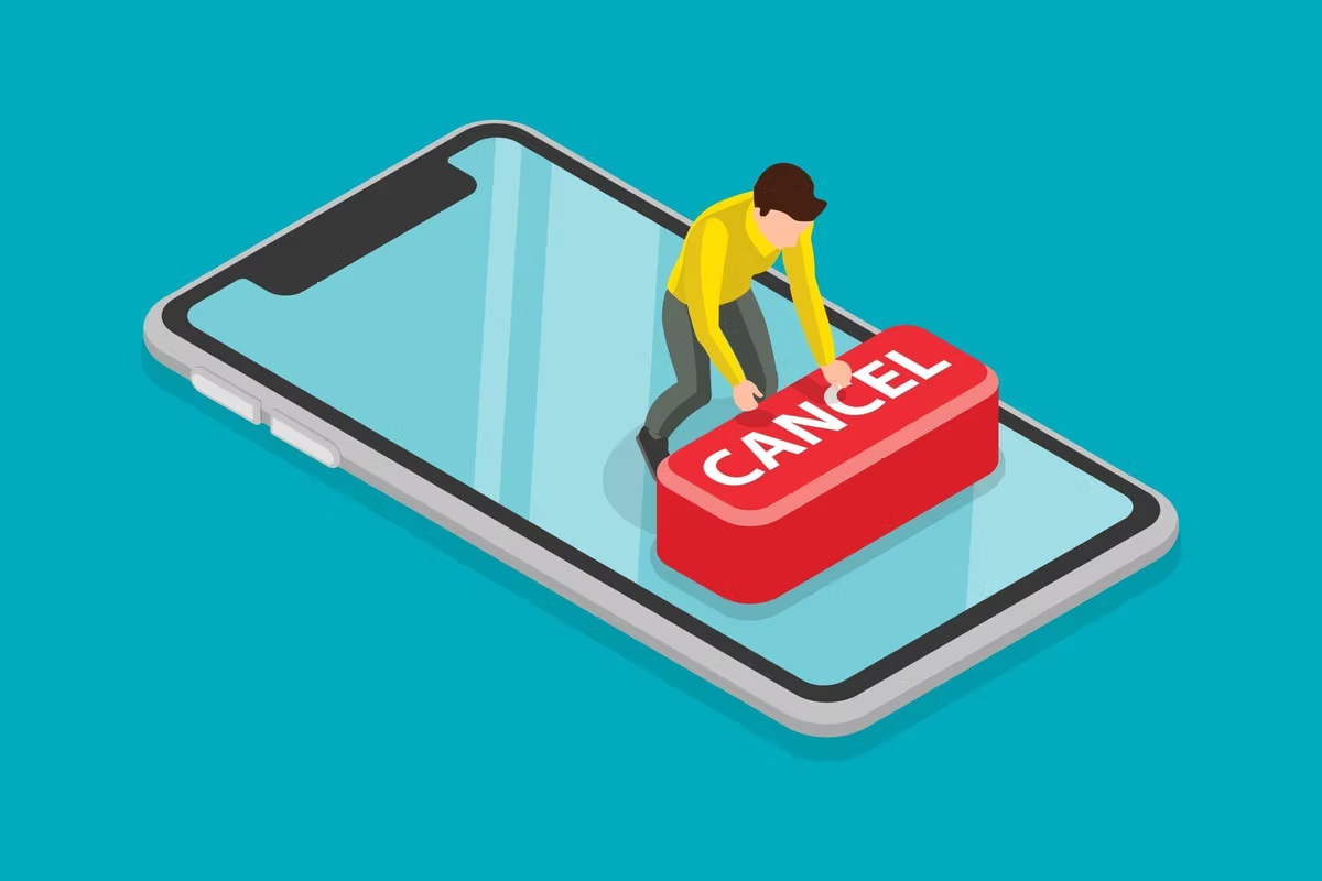 Isometric illustration of a person standing on a giant smartphone, pressing down on a large red CANCEL button.