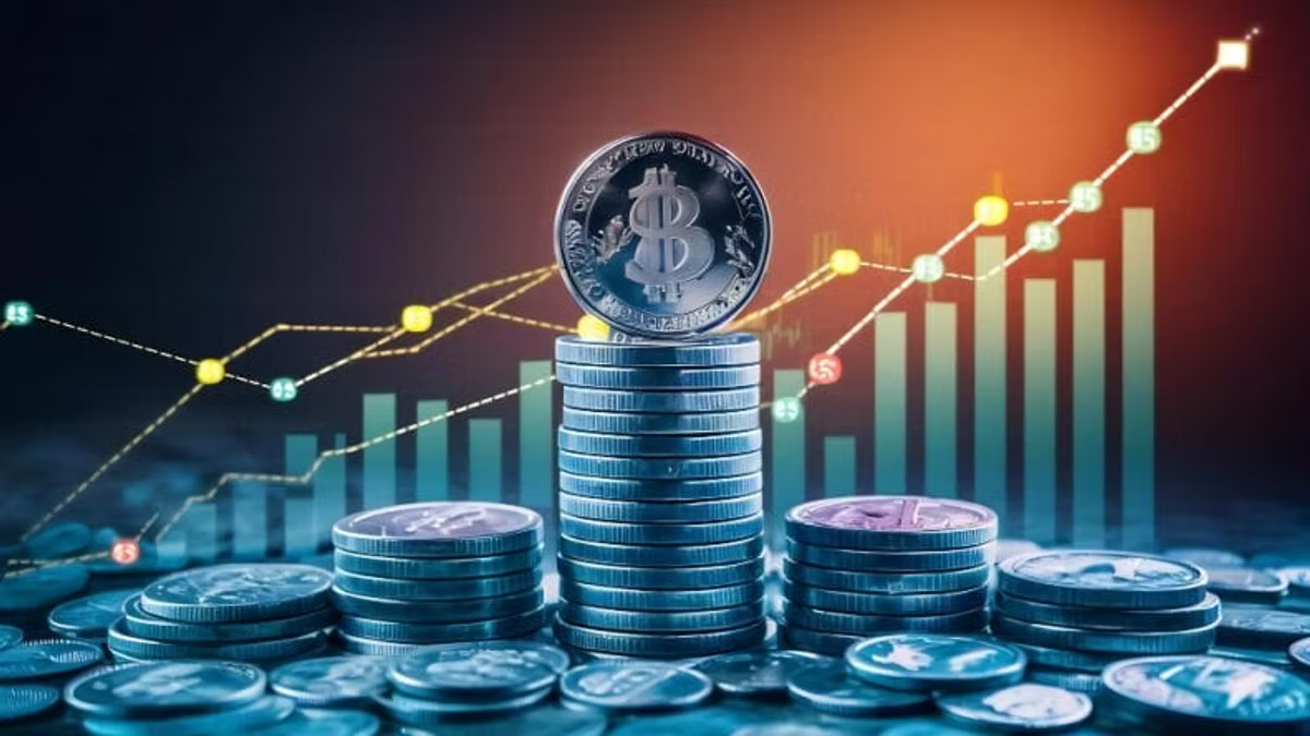 A silver dollar coin standing on a tall stack of coins, with more coins scattered around and a rising bar and line chart glowing behind.