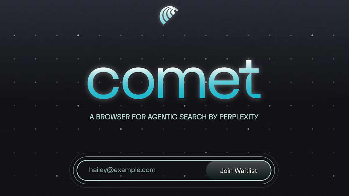 Text on dark starry background reads "comet: A browser for agentic search by Perplexity." Email field and button labeled "Join Waitlist" below.