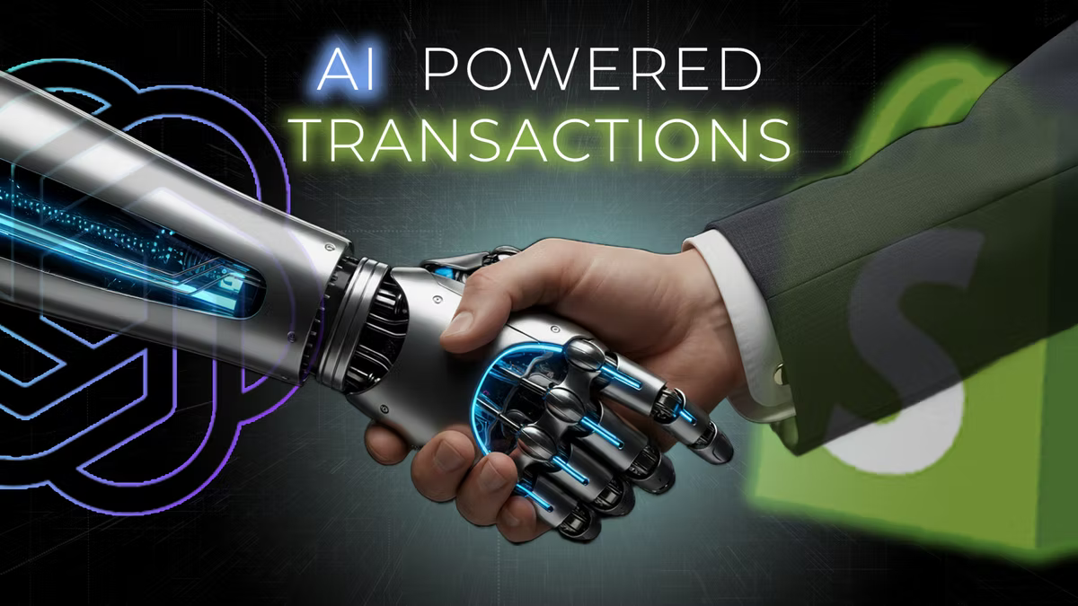 Robot and human hands shaking with "AI Powered Transactions" text. Futuristic tech theme with neon blue and green highlights. highlighting the partnership between Open AI's Chat GPT and Shopify.