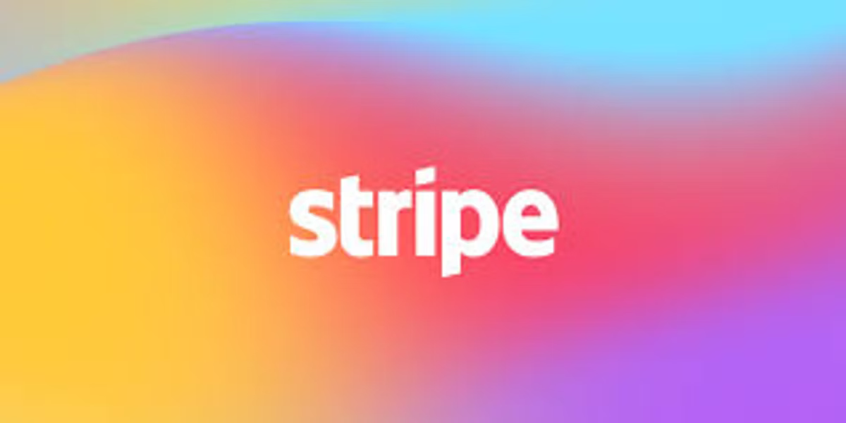 The Stripe wordmark in white over a soft gradient of orange, pink, blue and purple.