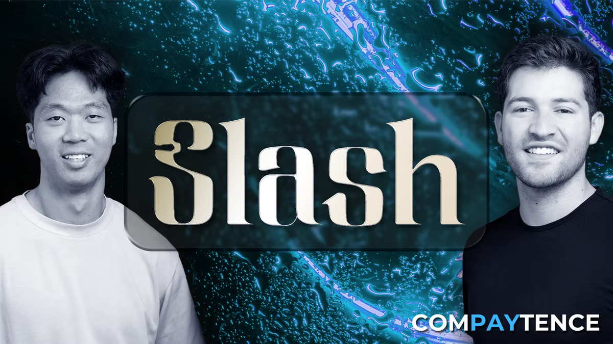 Compaytence hero card showing the Slash wordmark on a glass panel between portraits of the company's two founders, over a dark teal textured background.