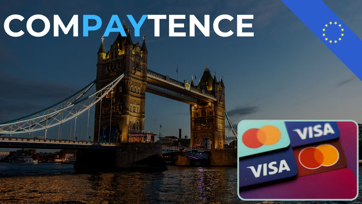 Compaytence hero card showing Tower Bridge in London at dusk, with an EU flag corner top right and an inset of overlapping Visa and Mastercard cards bottom right.