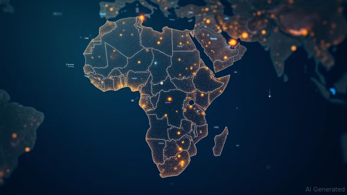 A map of Africa picked out in glowing amber dots and country outlines against a dark blue background, marked "AI Generated" in the corner.