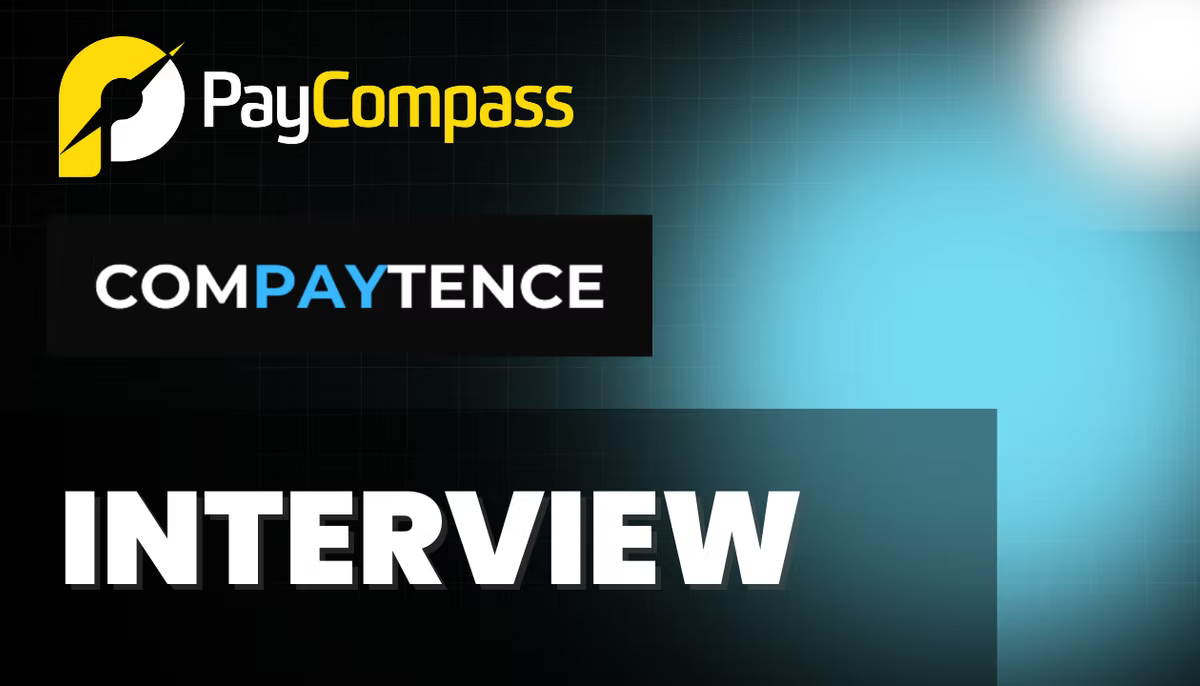 Title card pairing the PayCompass logo with the Compaytence wordmark above the word INTERVIEW, on a dark background with a blue glow.