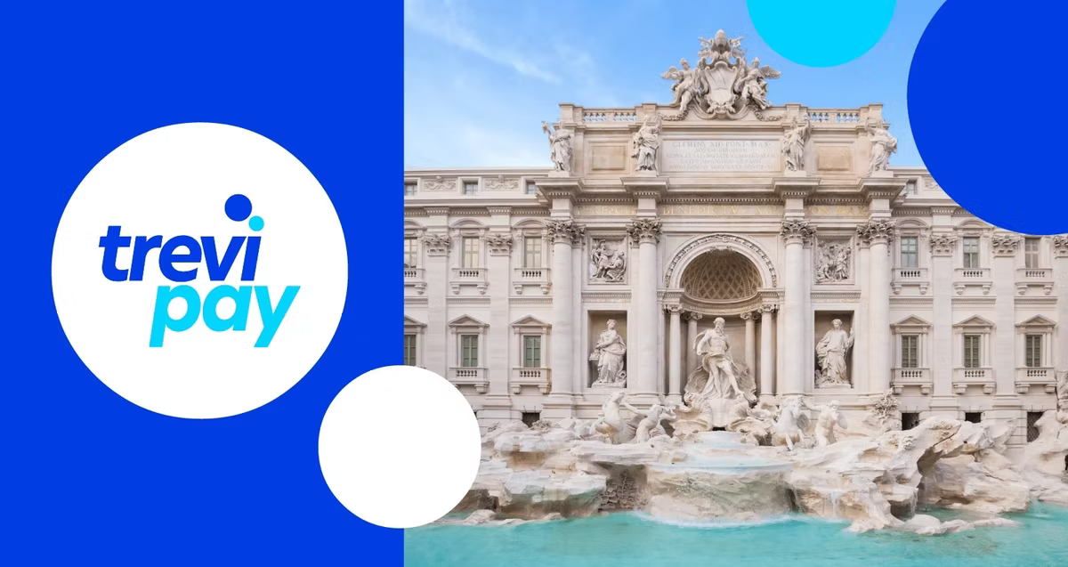 Split graphic: the TreviPay logo on a blue field beside a photograph of the Trevi Fountain in Rome.