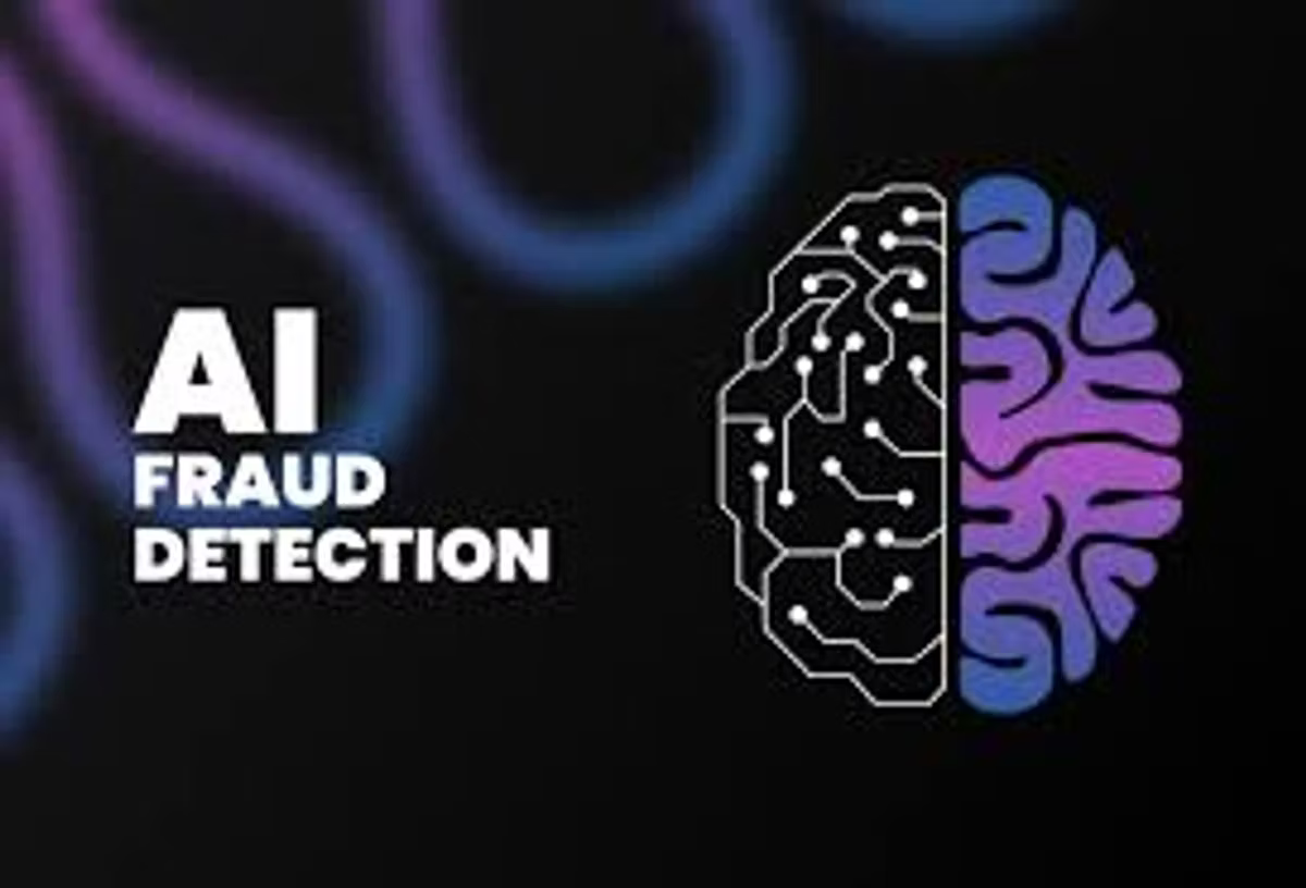 Graphic reading "AI Fraud Detection" beside a brain illustration, one half drawn as circuit traces and the other as pink and purple brain matter.