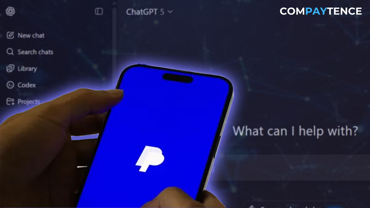 Hands holding a smartphone with a blue screen and white logo. Background shows ChatGPT interface with text "What can I help with?"