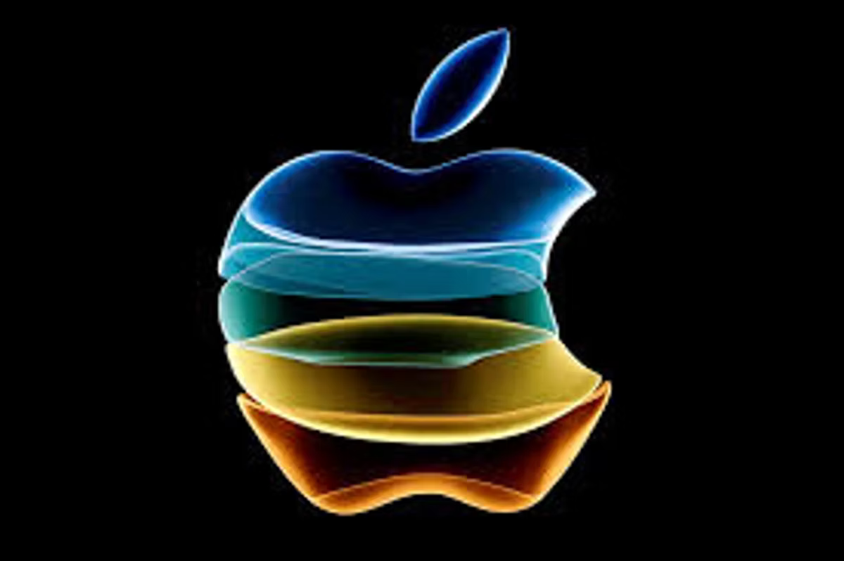 The Apple logo rendered as stacked translucent layers in blue, teal, yellow and orange on a black background.