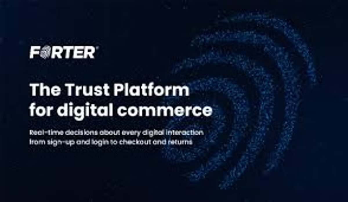Forter brand slide reading "The Trust Platform for digital commerce", with the subline about real-time decisions on every digital interaction from sign-up and login to checkout and returns, over a dark particle swirl.
