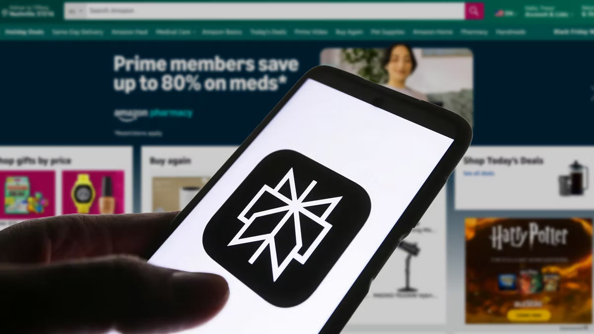 A hand holds a smartphone showing a perplexity AI logo. In the background, an Amazon page offers discounts.
