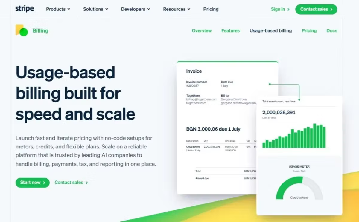 Stripe's usage-based billing marketing page, headlined "Usage-based billing built for speed and scale", showing a sample invoice, a real-time event count of 2,000,038,391 over the last 30 days, and a cloud-tokens usage meter.