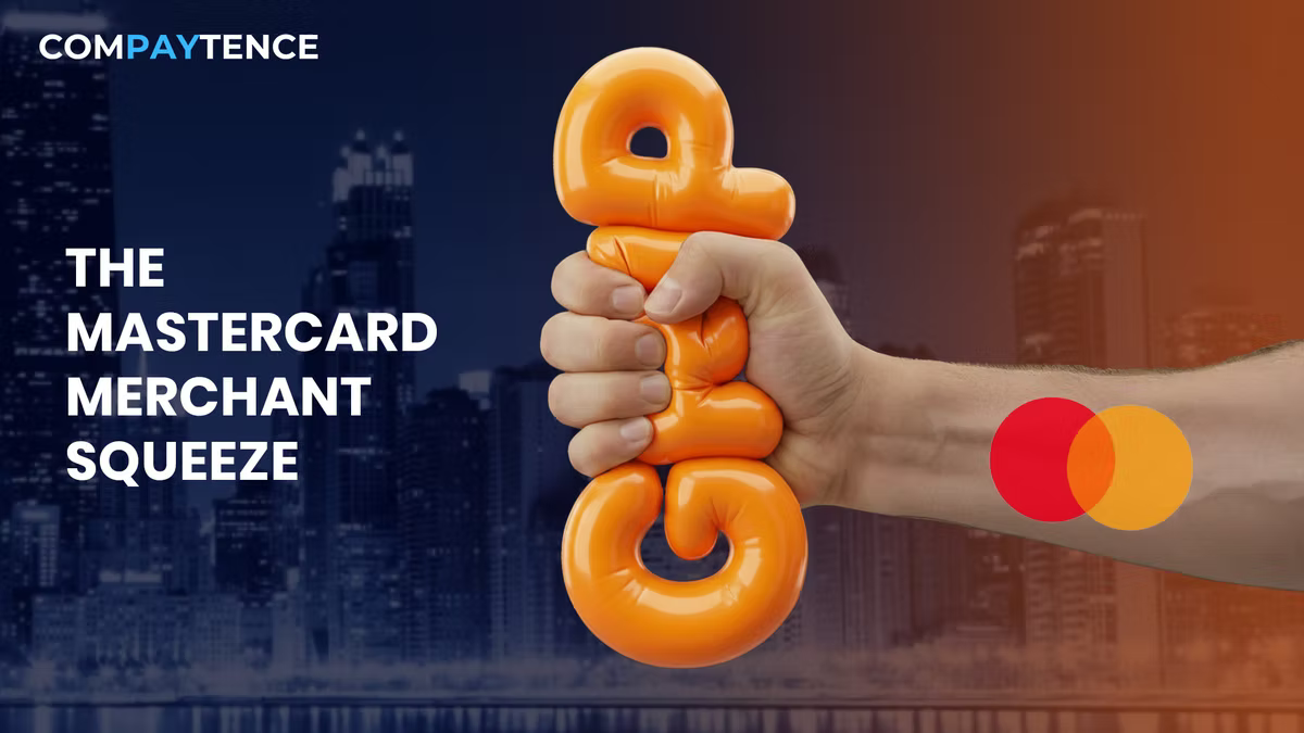 A hand squeezes an orange word GRIP in balloon letters with a Mastercard logo on the arm. Text reads "The Mastercard Merchant Squeeze." Cityscape background.