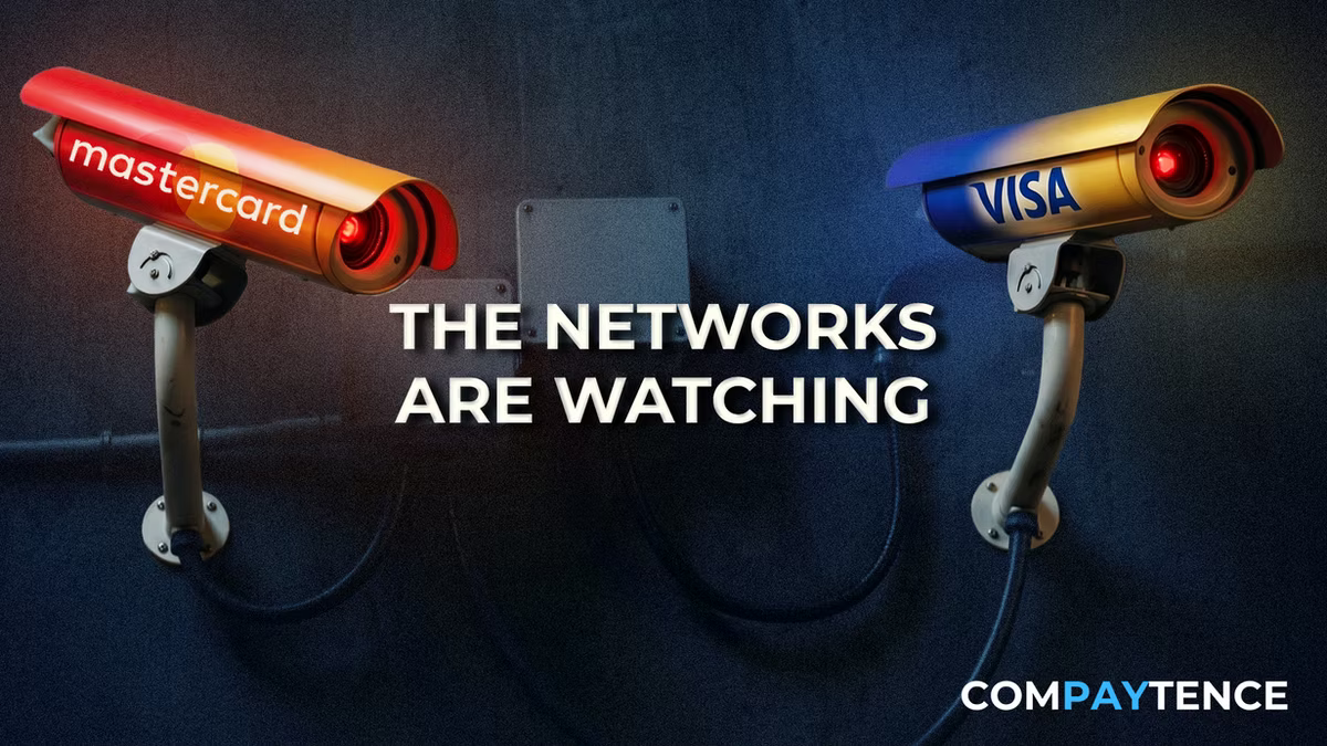 Compaytence hero card headlined "The Networks Are Watching", showing two security cameras with glowing red lenses trained inward, one branded mastercard and the other Visa, on a dark wall.