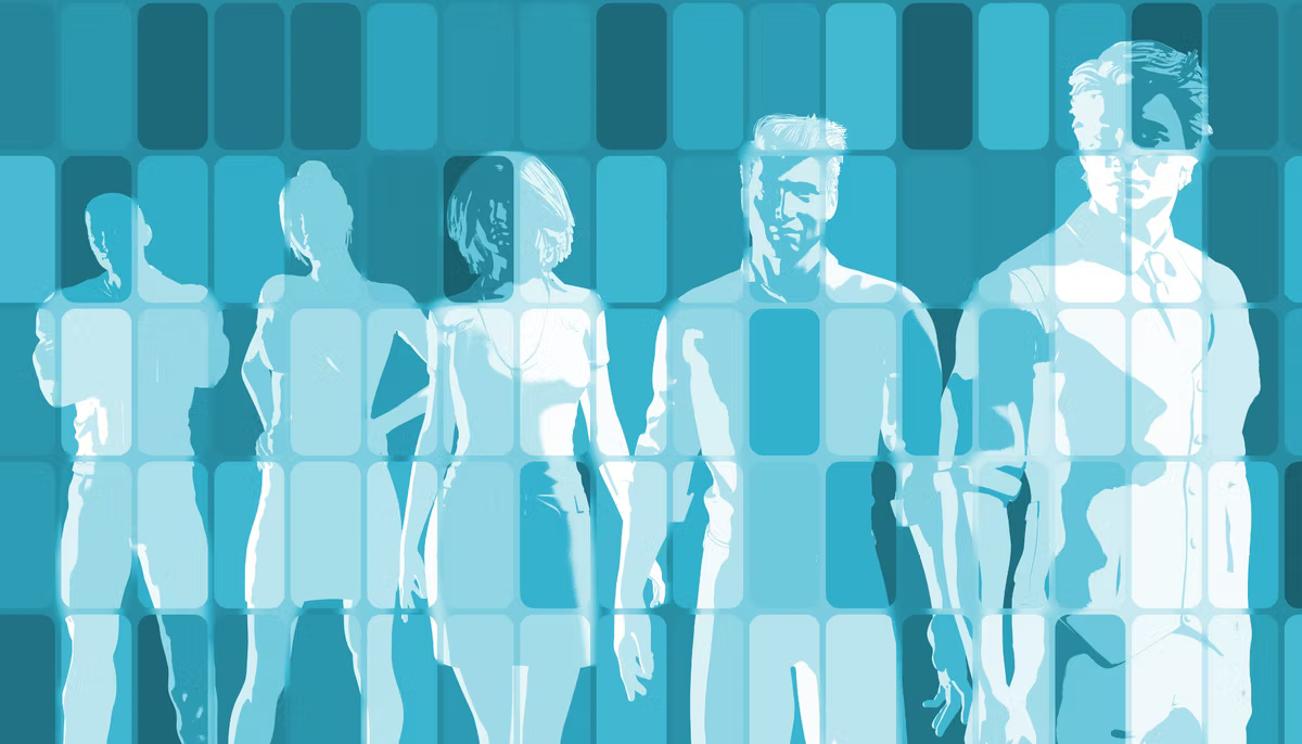 Stylised illustration of five people standing in a row, rendered in overlapping blue and teal rectangles.