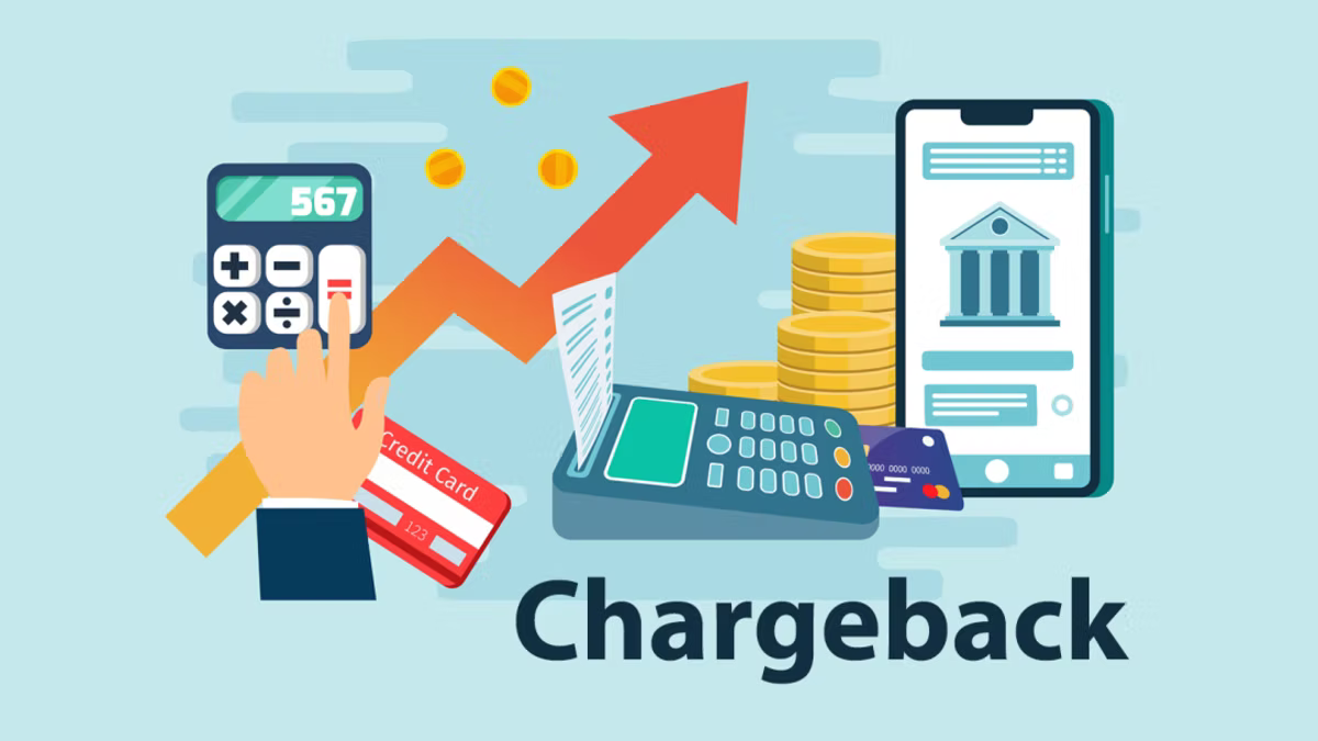 Flat illustration captioned "Chargeback": a hand presses a calculator beside a credit card, a card terminal, stacks of gold coins, a receipt and a phone showing a bank, with a red arrow curving upward behind them.
