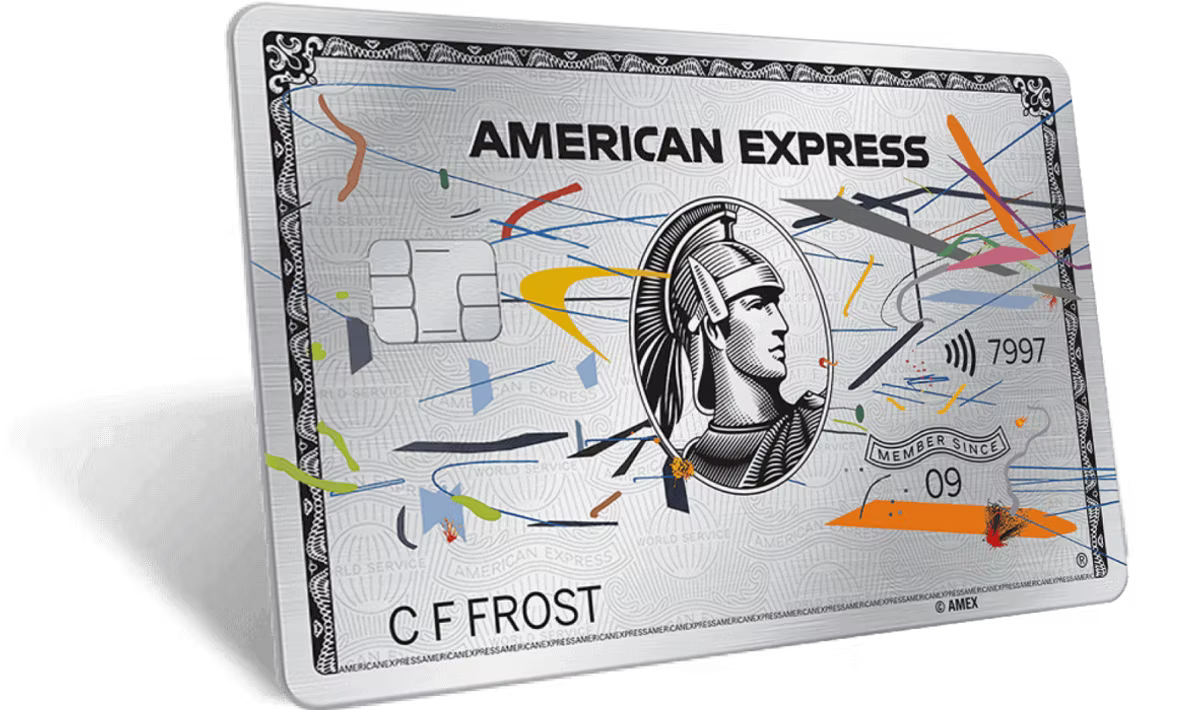 A metal American Express card in the name C F Frost, decorated with a confetti pattern and showing the centurion head, a chip and a contactless symbol.