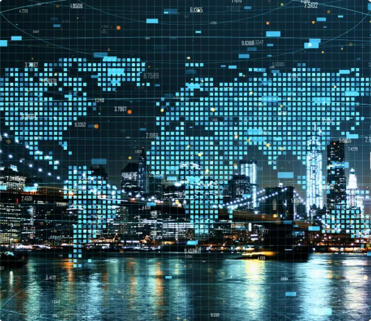 A world map picked out in blue pixel squares and floating decimal figures, overlaid on a night-time city skyline and waterfront.