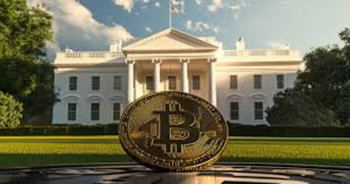 A large gold Bitcoin coin standing on a plinth on the lawn in front of the White House.