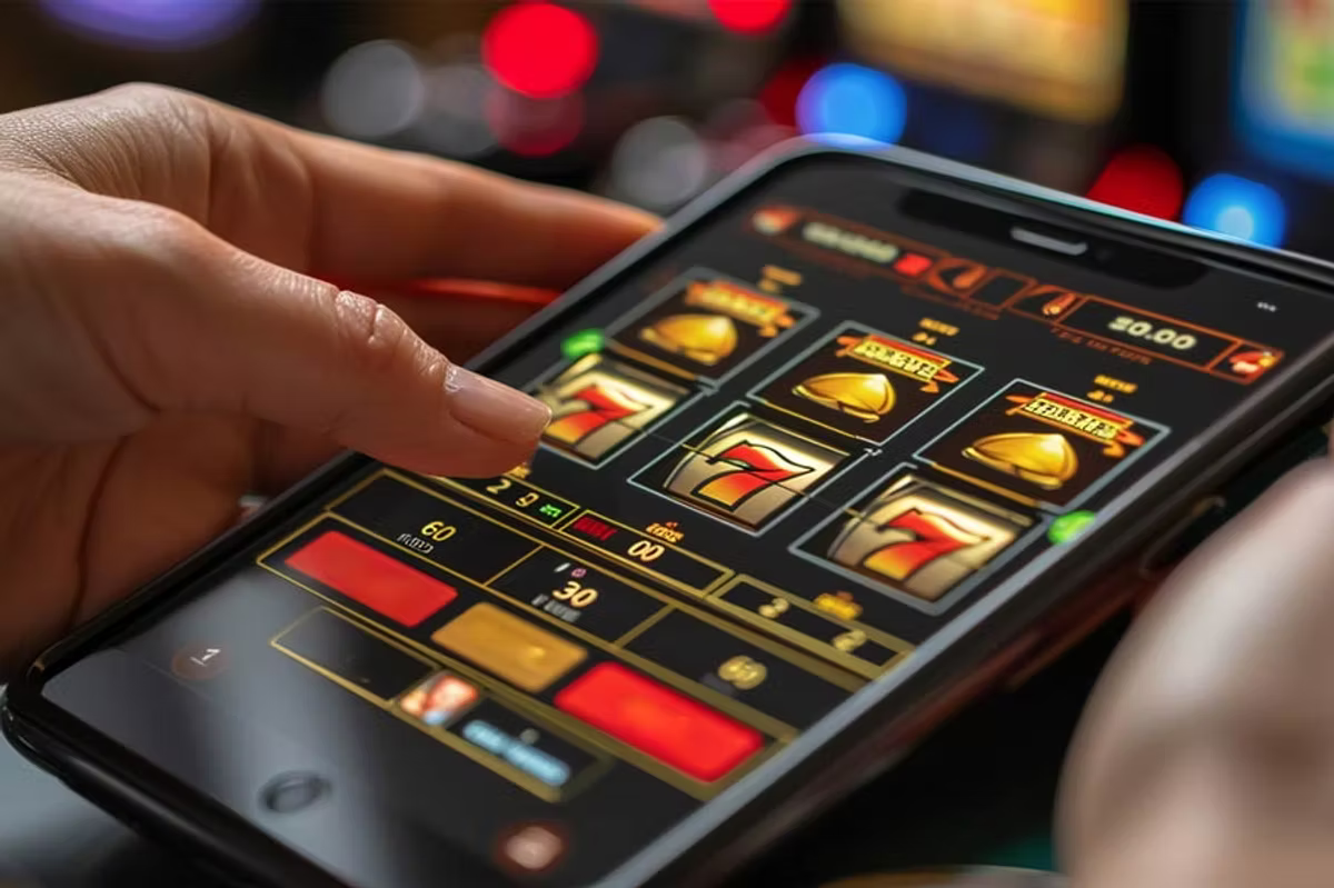 A hand holding a smartphone running an online slot machine game, its reels showing gold bells and red sevens, with casino lights blurred behind.