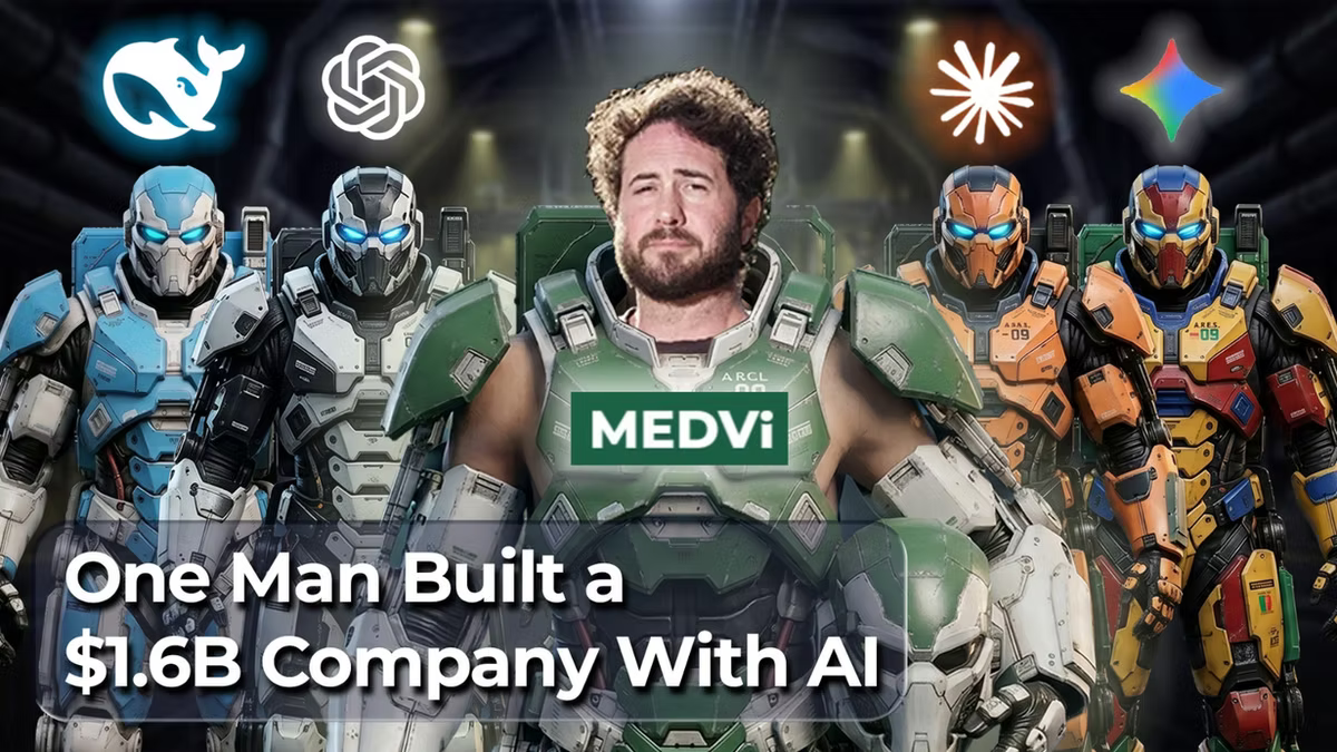 Hero card headlined "One Man Built a $1.6B Company With AI", showing a bearded man in a green MEDVi-branded exosuit flanked by four robotic figures in coloured armour, with AI company logos across the top.