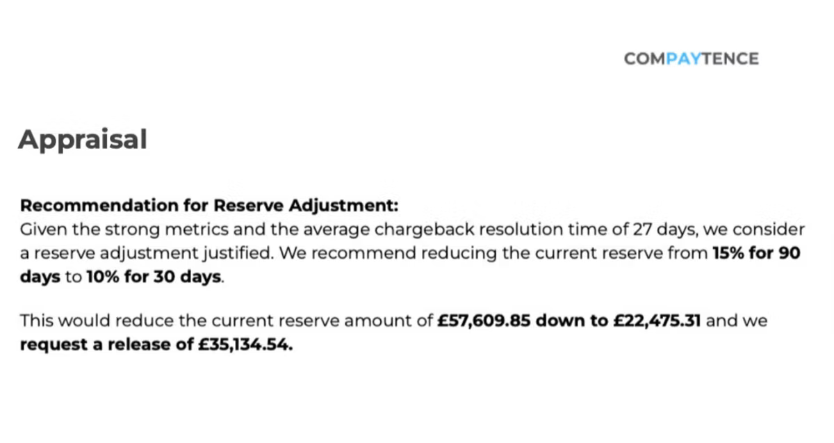 A Compaytence appraisal slide headed "Recommendation for Reserve Adjustment", arguing that strong metrics and an average chargeback resolution time of 27 days justify reducing the reserve from 15% for 90 days to 10% for 30 days, taking the reserve from £57,609.85 down to £22,475.31 and requesting a release of £35,134.54.
