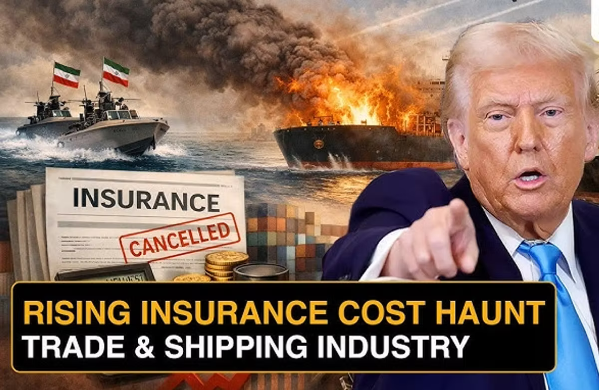 News thumbnail headlined "Rising insurance cost haunt trade & shipping industry", montage of Iranian navy boats, a burning tanker, an insurance policy stamped CANCELLED, gold coins, and Donald Trump pointing.