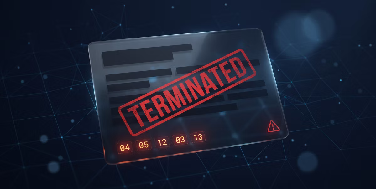 A glassy merchant case file stamped TERMINATED in red, with MATCH reason codes 04, 05, 12, 03 and 13 along the base.