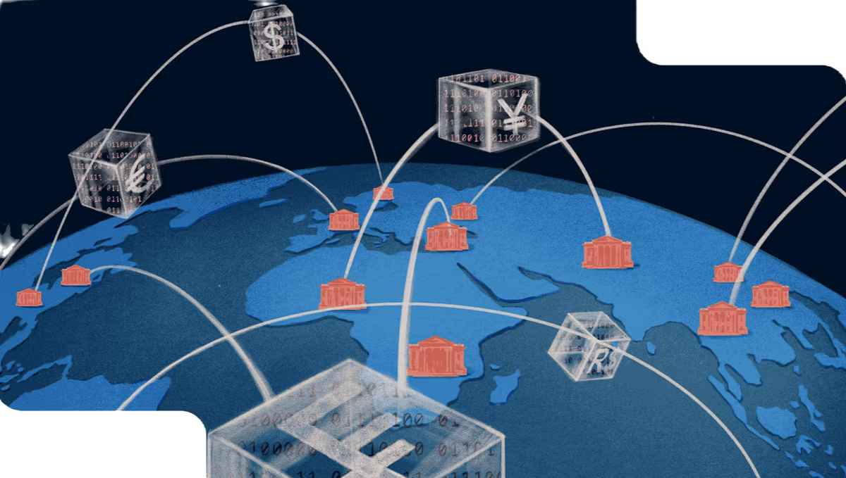 Illustration of a globe ringed with orange bank icons, linked by arcing paths to translucent digital cubes marked with dollar, euro, yen, pound and rupee symbols.