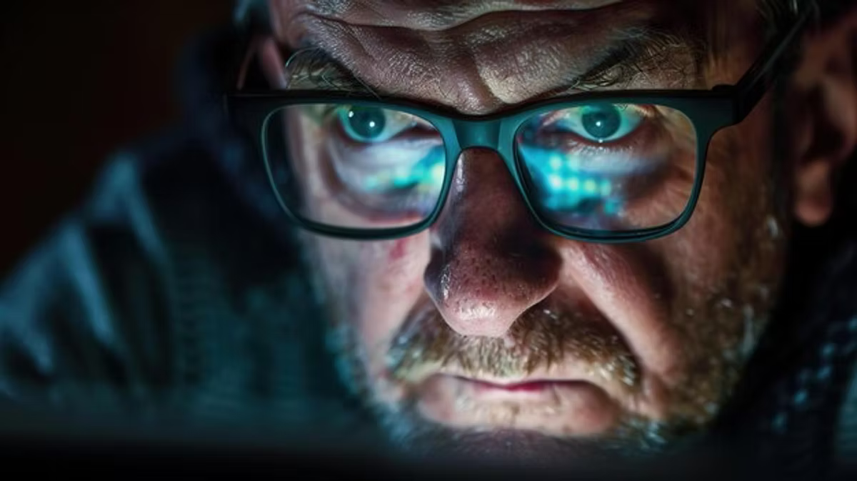 Close-up of an older man in glasses staring at a screen in the dark, the display reflected in both lenses.