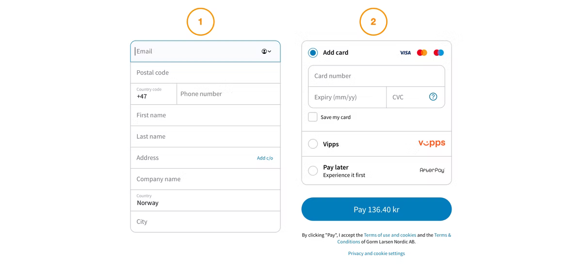 A two-step checkout flow: step one collects email, postal code, phone, name, address and city for a customer in Norway; step two offers card payment with Visa and Mastercard, Vipps, or pay later, with a blue button reading "Pay 136.40 kr".