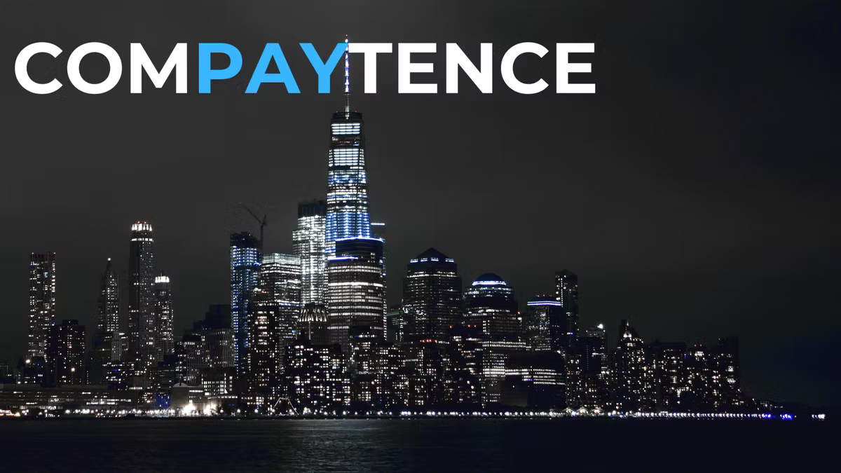 Compaytence hero card showing the Lower Manhattan skyline lit at night across the water, One World Trade Center at its centre.