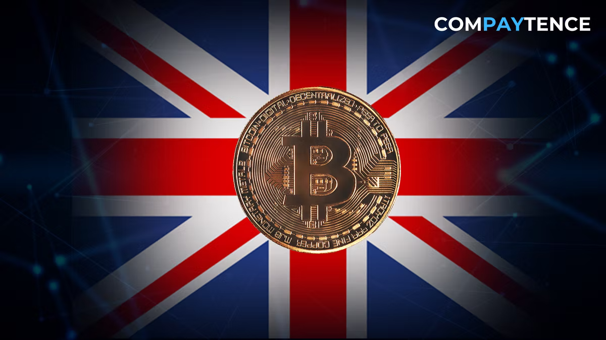 Compaytence hero card showing a gold Bitcoin coin over a Union Jack, on a dark network-patterned background.
