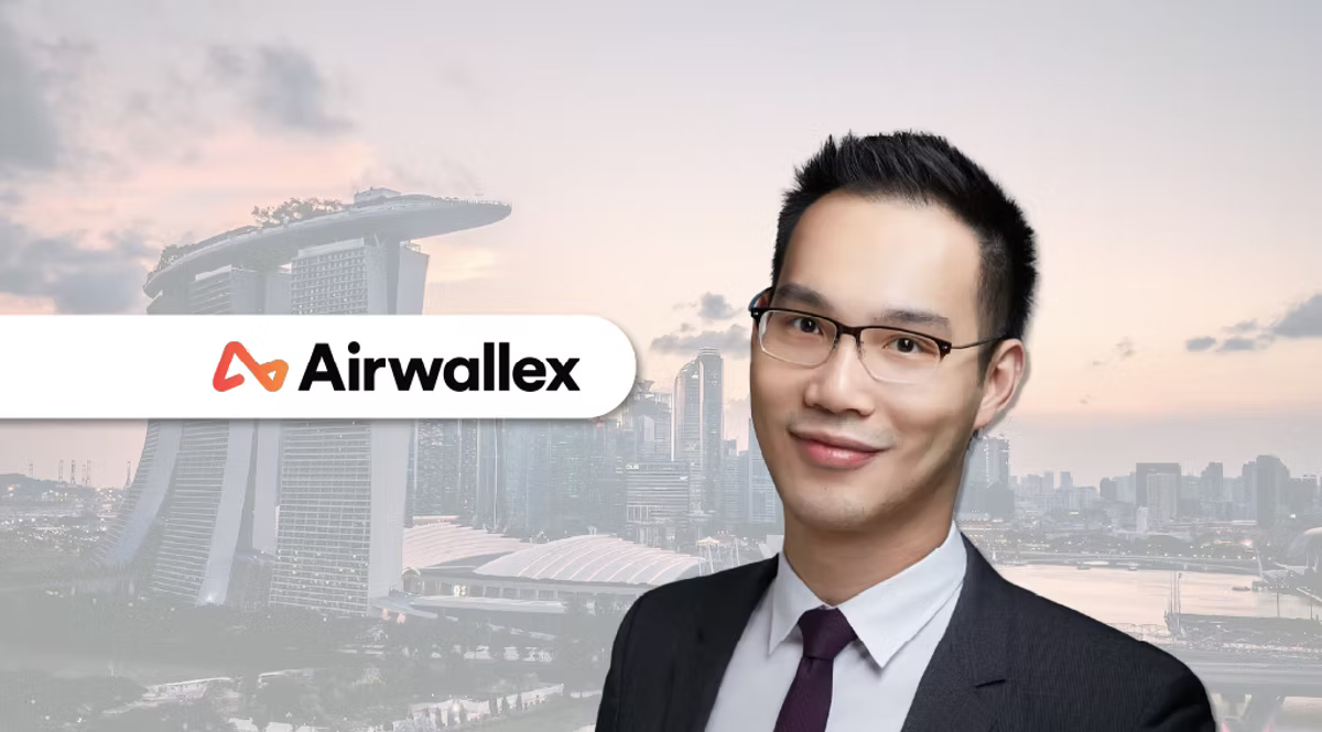 Airwallex CRO Kai Wu next the the word Airwallex in front of a skyline of Singapore.