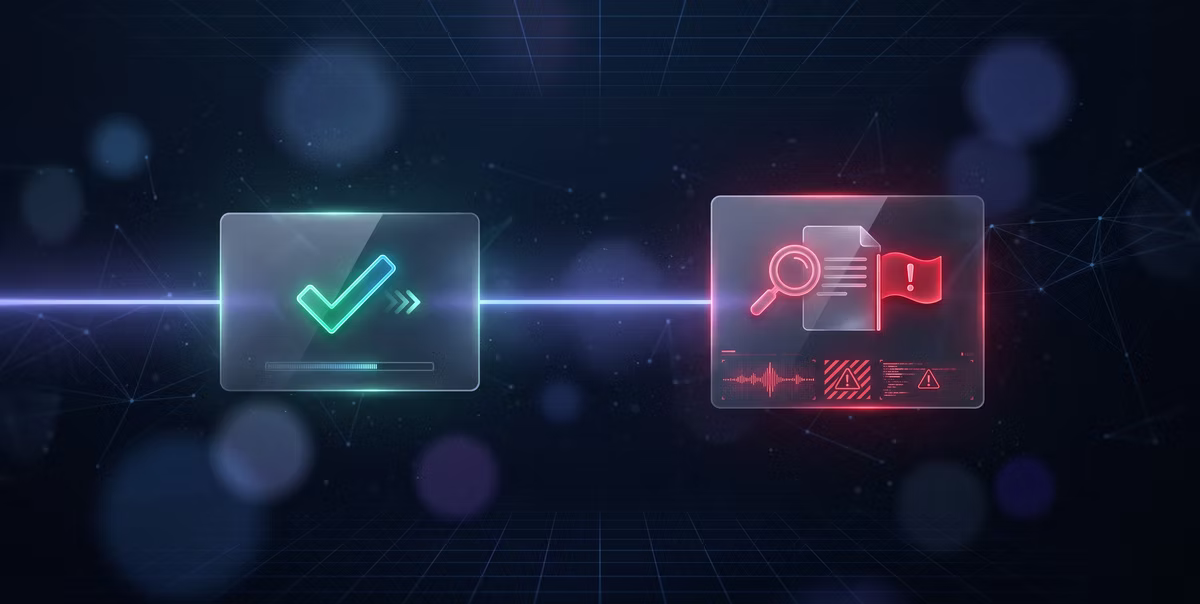Two-stage timeline graphic: an instant green approval on the left connected to a later red underwriting review flag on the right.