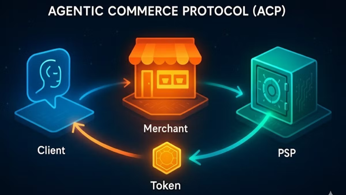 Diagram of Agentic Commerce Protocol (ACP) showing client, merchant, and PSP connected by arrows with a token in the center.