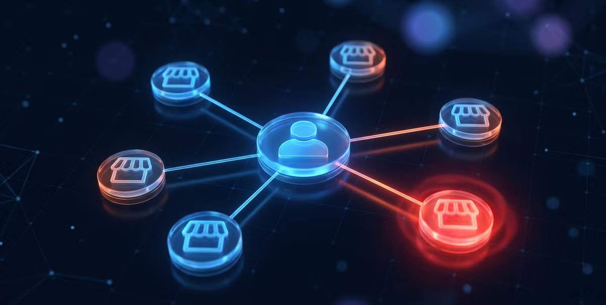A glowing network diagram: one central owner node linked to several store nodes, one turning red as the listing spreads along the links to the others.