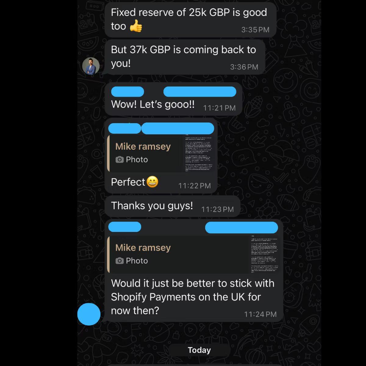 A chat thread in which Compaytence tells a merchant that a fixed reserve of 25k GBP is good and that 37k GBP is coming back to them. The merchant replies "Wow! Let's gooo!!", then "Perfect" and "Thanks you guys!", before asking whether it would be better to stick with Shopify Payments in the UK for now.