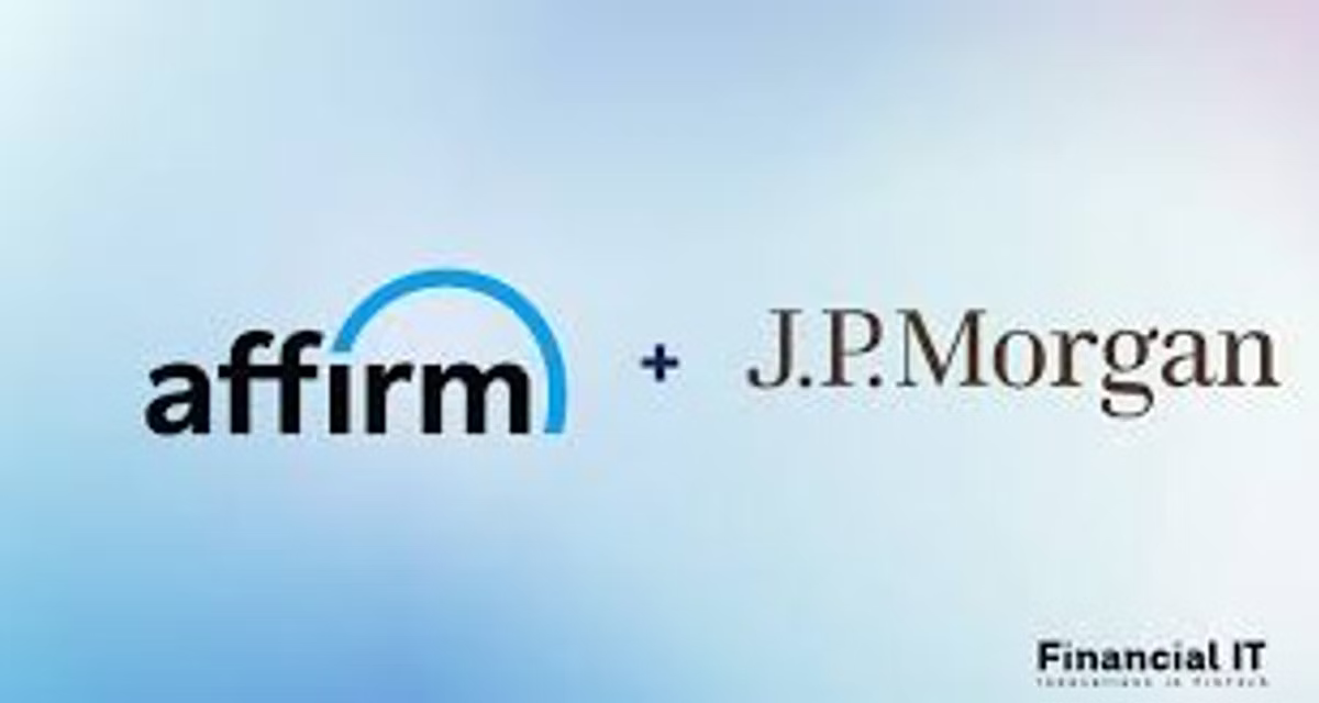 Graphic pairing the Affirm and J.P. Morgan logos with a plus sign between them, on a pale gradient background. Published by Financial IT.