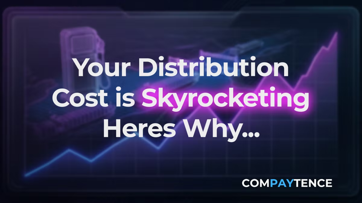 Compaytence hero card headlined "Your Distribution Cost is Skyrocketing, Heres Why", over a rising magenta and blue line chart with a fuel pump behind it.