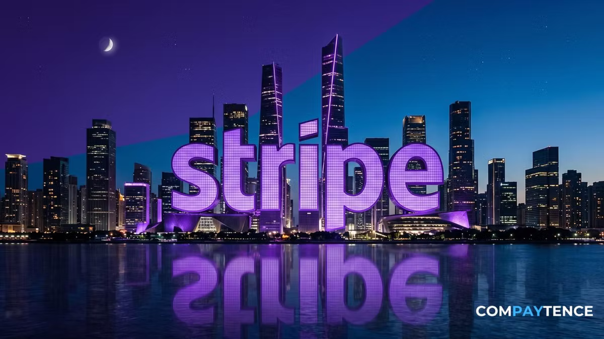 Compaytence hero card showing the Stripe wordmark rendered as giant purple letters standing among city skyscrapers at night, reflected in water below.
