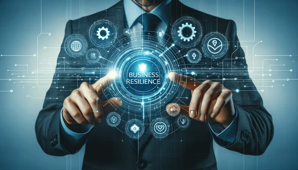 A person in a suit touches a glowing holographic dial labelled "Business Resilience", ringed by icons for settings, security, location and analytics.