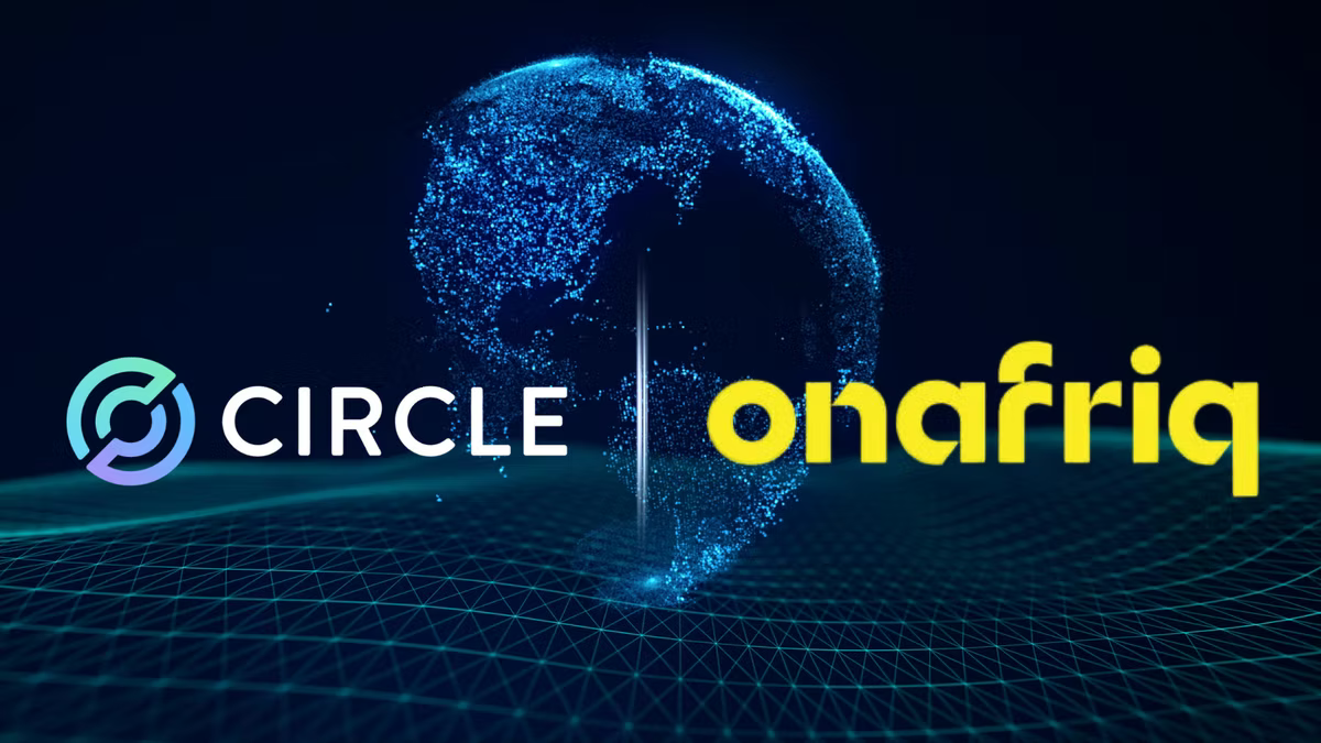 Hero card pairing the Circle logo and the onafriq wordmark in front of a glowing blue globe made of particles, over a dark wireframe plane.