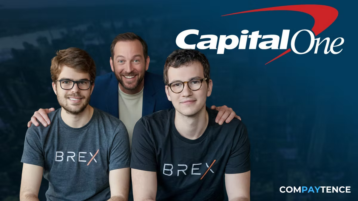 Three smiling men wearing "BREX" shirts with arms around each other. "Capital One" logo in white and red on blue background.