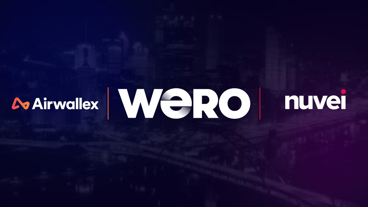 dark skyline background with the words Airwallex, Wero, and Nuvei in the foreground.