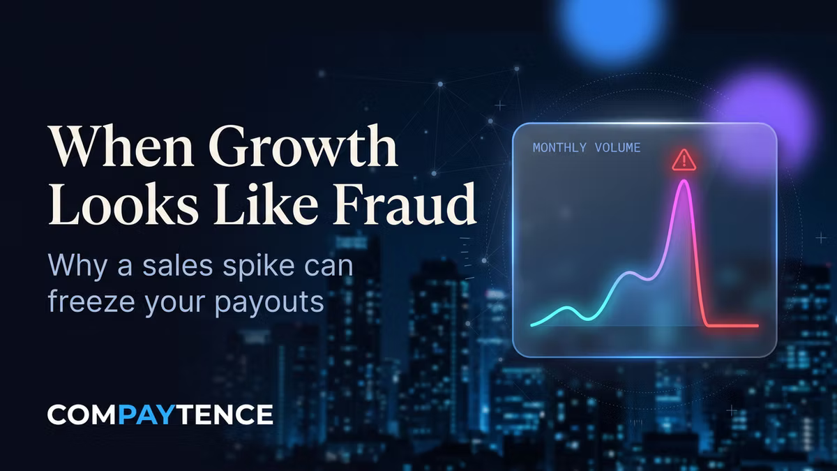 Dark promo graphic with city skyline, headline When Growth Looks Like Fraud, and a Monthly Volume spike chart.