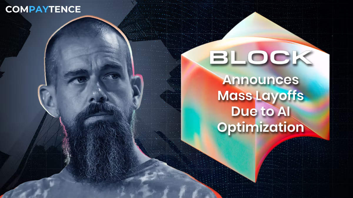 Bearded man looks serious; text: "BLOCK Announces Mass Layoffs Due to AI Optimization." Dark background, geometric shapes.