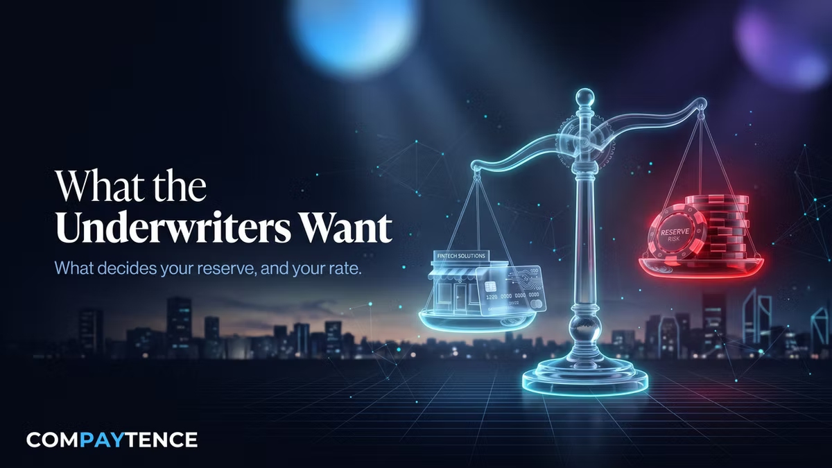 Compaytence Brief cover: the headline What the Underwriters Want beside a glowing balance scale weighing a merchant storefront and card against a red RESERVE RISK stack, with the Compaytence logo.